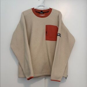 Oversized Fleece Crewneck Sweater Cream with Orange Details and Chest Pocket